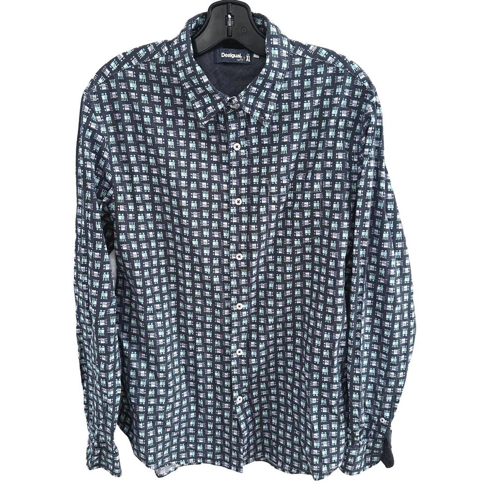 Desigual Men's Blue Button-Up Long Sleeve Geometric Pattern Shirt -  XL